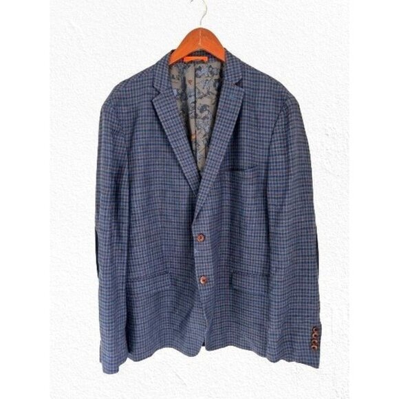 Lord & Taylor Linen Blazer Lined with Suede Elbow Patch Blue Check Size 46R - Picture 1 of 9